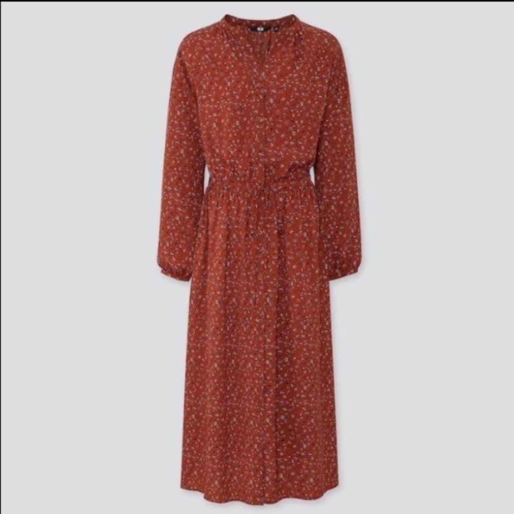 Uniqlo Rust Floral Long-Sleeve Midi Dress with Tie Waist